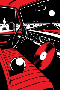 A gold phonograph record propped against the dashboard of a dusty pickup truck on a desert highway at night, a glowing silver sphere on the seat.