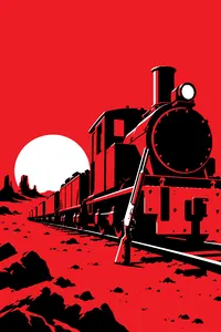 A rusty mining train stopped on a red dust plain under a pink sky, a dented shotgun leaning against the engine.