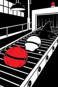 Three rubber Halloween masks, a pumpkin, a skull and a witch, laid out on a factory conveyor belt beside a small chip of grey stone.