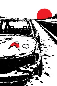 A burned-out rental car shell on a snowy highway shoulder, a pair of motel room keys and a shower curtain ring on the hood.