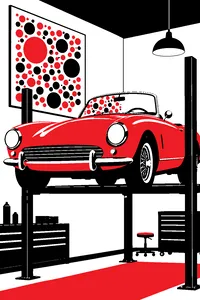 A red vintage convertible sports car on a Chicago garage lift, a pointillist painting reflected in its windshield.