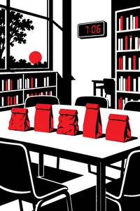 Five mismatched brown-bag lunches on a high school library table on a Saturday morning, a wall clock reading 7:06.