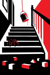 A paint can swinging on a rope at the top of a suburban staircase, a tarantula on a step and toy soldiers scattered below.