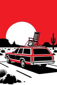 A wood-paneled pea-green station wagon in a desert parking lot, a rocking chair strapped to its roof.