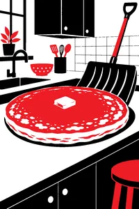 An enormous pancake the size of a trash can lid on a kitchen counter, a snow shovel used as a spatula.