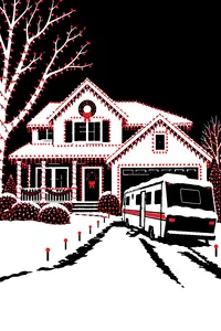 A suburban house buried in thousands of blazing Christmas lights, a sagging RV in the snowy driveway.