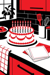 A birthday cake with sixteen candles left untouched on a cluttered kitchen counter beside wedding invitations.