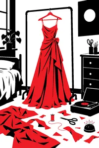 A homemade pink prom dress on a dress form in a cramped bedroom, sewing scraps and a record player on the floor.