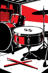 A drum kit in a garage with a pair of diamond earrings resting on the snare, sticks crossed on the floor.