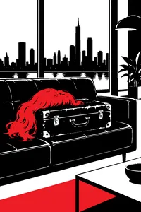 A child's red wig and a battered suitcase on the leather couch of a fancy high-rise apartment.