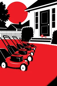 A suburban lawn with a row of push lawnmowers lined up in formation, a baby rattle on the doorstep.