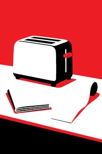 A small toaster on a store counter beside a thick folded warranty pamphlet and a long curled receipt.