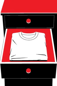 A stiff, boxy plain gray T-shirt folded at the bottom of a dresser drawer, still creased from its packaging.