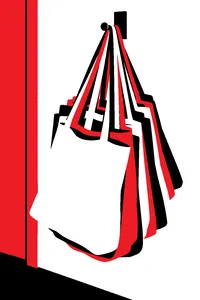 A dozen plain canvas tote bags stuffed inside one another on a hallway hook, sagging under their own weight.