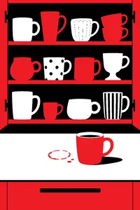 A crowded cabinet shelf of mismatched mugs in odd shapes, one used mug set apart on the counter.
