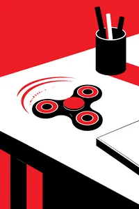 A three-lobed fidget spinner lying still on a desk, a blur of motion lines faintly behind it like a memory.