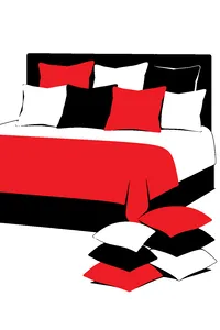 A neatly made bed buried under seven plump decorative pillows, a second pile of the same pillows on the floor.