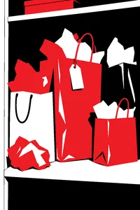 A closet shelf piled with creased, glossy gift bags and crumpled tissue paper, a blank tag dangling from one handle.