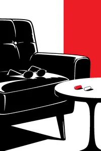 A pair of tiny oval sunglasses resting on a leather armchair beside a red pill and a blue pill on a small table.