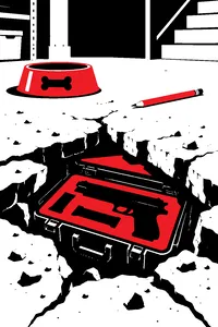A beagle's dog bowl and a pencil on a basement floor that has been cracked open to reveal a buried gun case.