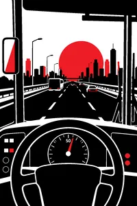 A city bus speedometer needle hovering just above fifty, a freeway stretching out through the windshield.