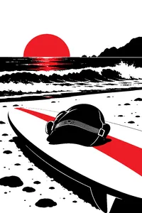 A rubber president-style novelty mask lying on a surfboard on a beach at dawn, waves breaking behind.
