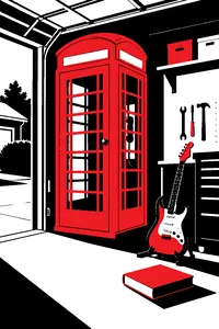A vintage phone booth parked in a suburban garage beside an electric guitar and a history textbook.