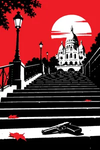 A long Paris staircase at sunrise leading up to a white domed basilica, a single dropped pistol on the steps.