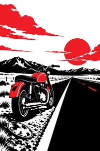 A vintage motorcycle parked on an empty Idaho road under a vast sky, a dented hubcap at the shoulder.