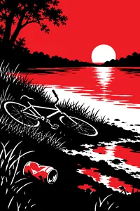 A muddy riverbank at dusk with a crushed beer can and a bike thrown in the grass.
