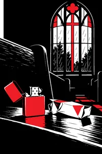 A gold Zippo lighter and a crushed cigarette pack on a church pew, rain streaking a stained-glass window behind.