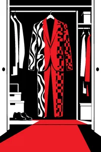 A shimmering rotoscope-style suit hanging in a closet, its surface flickering into different patterns.