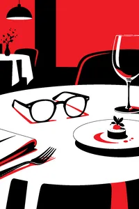 A pair of empty eyeglass frames with no lenses on a fancy restaurant table beside a tiny tasting-menu plate.