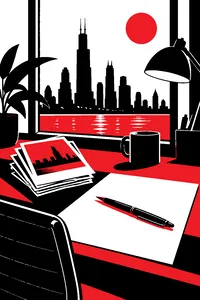 A pen resting on a contract with a scribbled signature next to a stack of Polaroids on a Chicago desk.