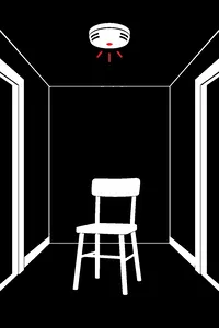 A round white smoke detector on a dark hallway ceiling, a tiny red light blinking, a kitchen chair placed beneath it.