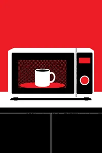 A countertop microwave with its door shut and display glowing, a lone mug of coffee visible through the glass.
