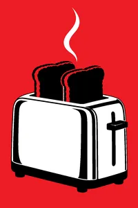 A chrome two-slot toaster with two charred slices popped up and a thin curl of smoke rising.