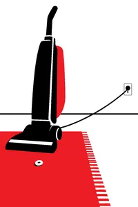 An upright vacuum cleaner at the edge of a rug, its cord pulled taut to a far outlet, a single cereal ring left on the carpet.