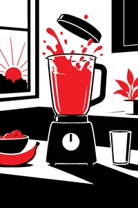 A blender mid-blend with a green smoothie splashing against a lid that is lifting off, early morning light in the window.