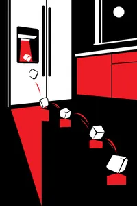 A refrigerator door dispenser with ice cubes skittering across a kitchen floor at night.