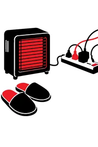 A small boxy space heater glowing orange beside a pair of slippers, its cord running to a crowded power strip.