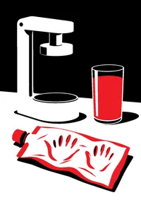 A sleek white countertop press beside a squeezed-flat plastic juice pack and a glass of green juice, two empty hand-shaped dents in the pack.
