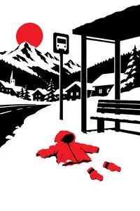 A small orange hooded parka lying in the snow at a bus stop in a quiet mountain town, a toppled pair of mittens beside it.