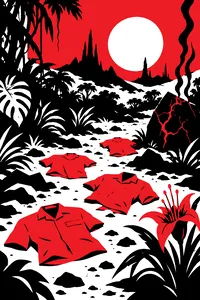 Four red uniform shirts lying on a jungle path on an alien planet, a poisonous flower and a scorched rock nearby.