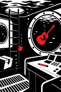 A flooded underwater station room with a guitar floating against a porthole, a marker resting on the console.