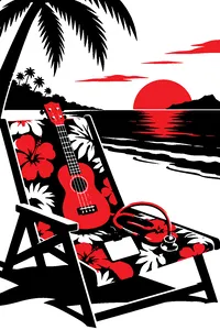 A ukulele propped on a Hawaiian beach chair at sunset, an ER badge and a stethoscope left on the seat.