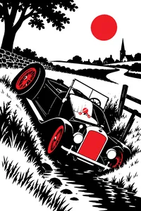 A vintage 1920s open-top roadster overturned in a green English ditch, a baby rattle on the passenger seat.
