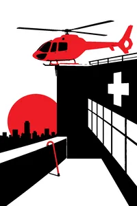 A helicopter balanced precariously on the edge of a hospital rooftop, a single cane leaning on the ledge below.