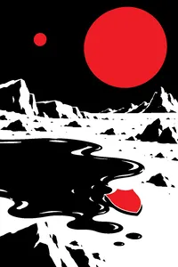 A black glossy tar puddle on an alien planet's rocky surface, a starship security badge resting at its edge.