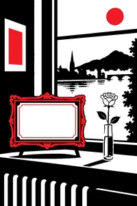 A gold-framed television title card with a fresh blank slot added, next to a single white rose on a windowsill.